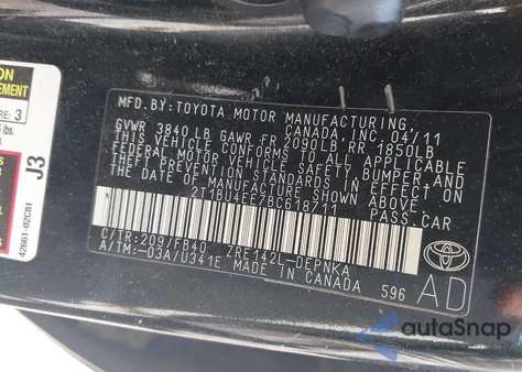 2011 Toyota Corolla Le from USA, damaged, VIN 2T1BU4EE7BC618711